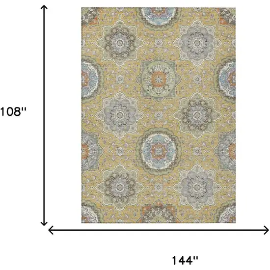 Gold And Ivory Floral Medallion Washable Indoor Outdoor Area Rug Photo 9