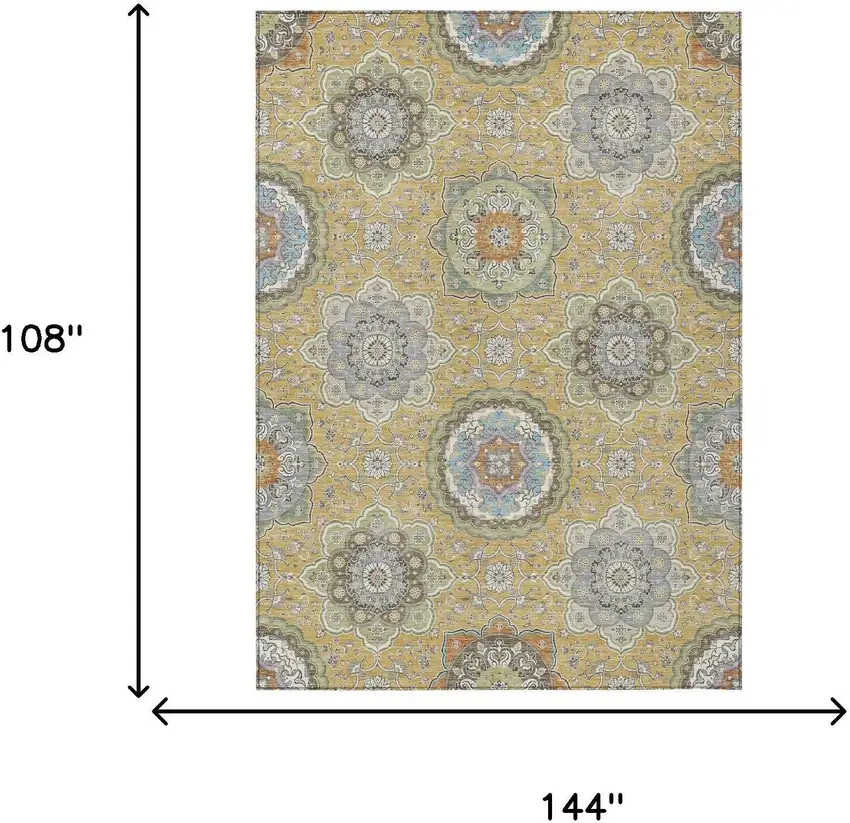 Gold And Ivory Floral Medallion Washable Indoor Outdoor Area Rug Photo 9