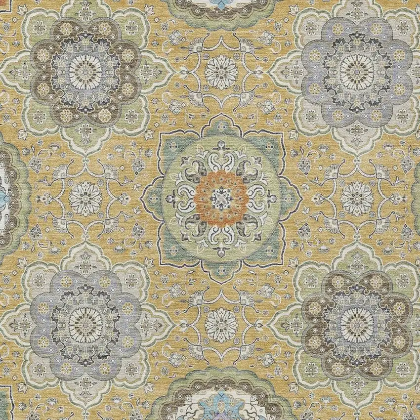 Gold And Ivory Floral Medallion Washable Indoor Outdoor Area Rug Photo 5