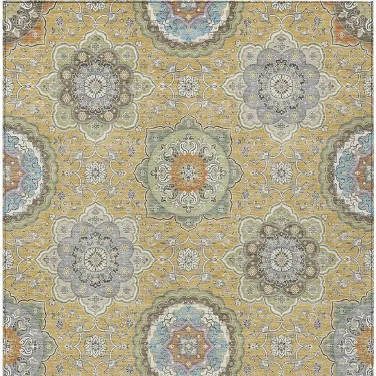 Gold And Ivory Floral Medallion Washable Indoor Outdoor Area Rug Photo 3