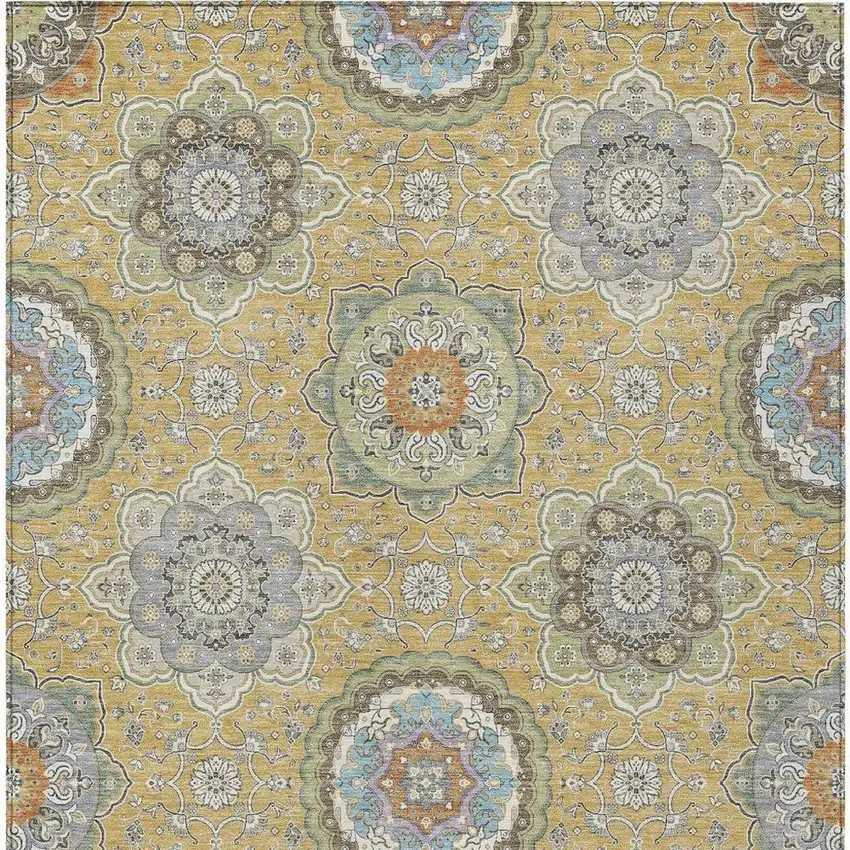 Gold And Ivory Floral Medallion Washable Indoor Outdoor Area Rug Photo 3
