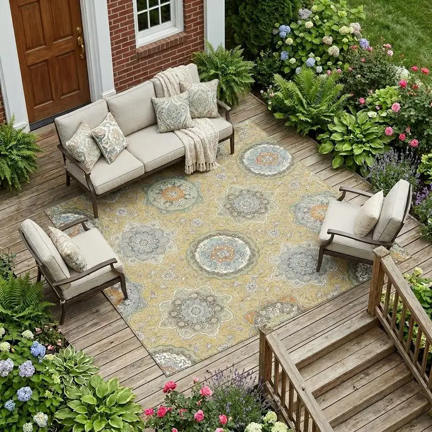 Gold And Ivory Floral Medallion Washable Indoor Outdoor Area Rug Photo 1
