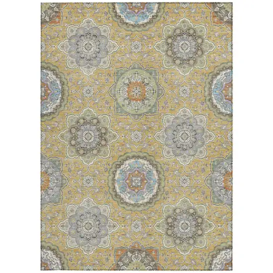 Gold And Ivory Floral Medallion Washable Indoor Outdoor Area Rug Photo 4