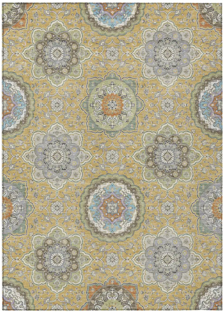 Gold And Ivory Floral Medallion Washable Indoor Outdoor Area Rug Photo 2