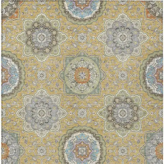 Gold And Ivory Floral Medallion Washable Indoor Outdoor Area Rug Photo 6