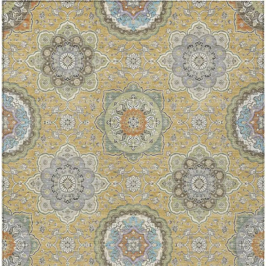 Gold And Ivory Floral Medallion Washable Indoor Outdoor Area Rug Photo 6