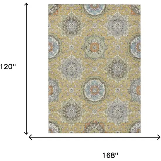 Gold And Ivory Floral Medallion Washable Indoor Outdoor Area Rug Photo 9