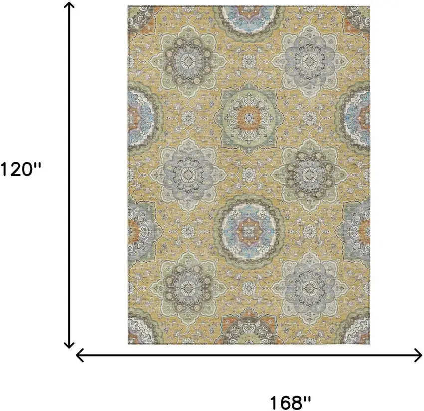 Gold And Ivory Floral Medallion Washable Indoor Outdoor Area Rug Photo 9