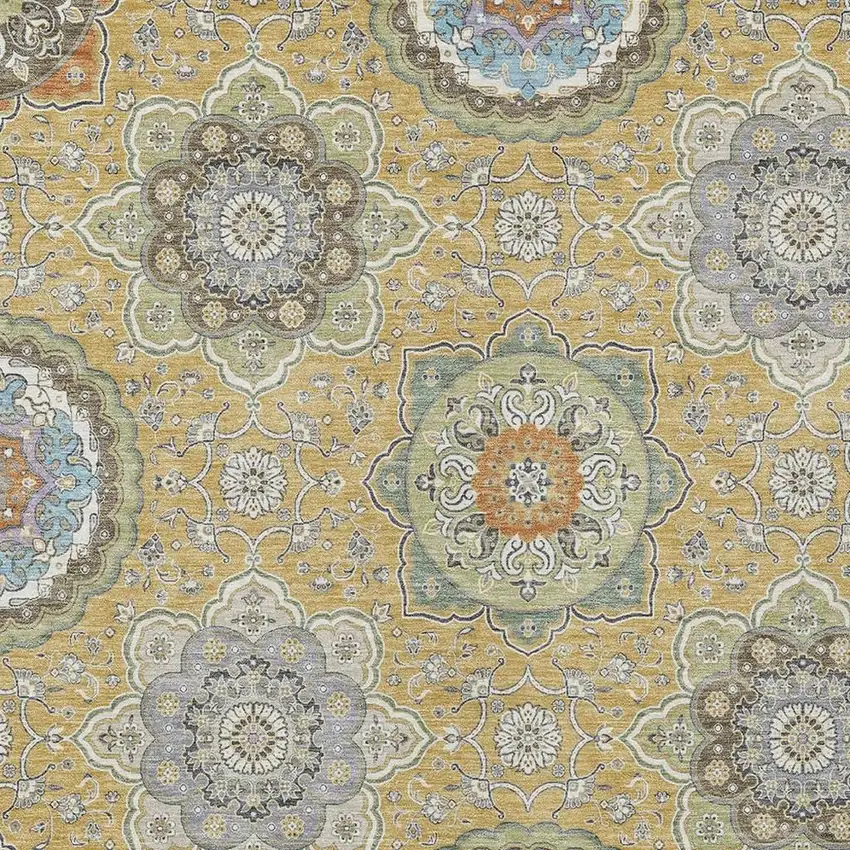 Gold And Ivory Floral Medallion Washable Indoor Outdoor Area Rug Photo 5