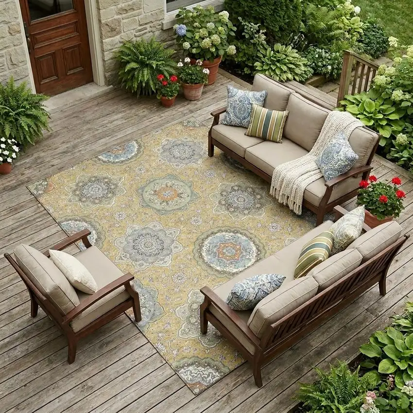 Gold And Ivory Floral Medallion Washable Indoor Outdoor Area Rug Photo 1