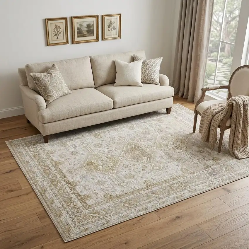 Gold And Ivory Floral Stain Resistant Area Rug Photo 1
