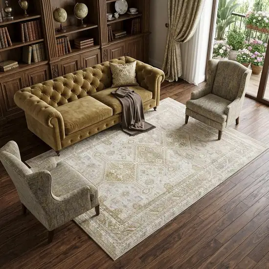 Gold And Ivory Floral Stain Resistant Area Rug Photo 1
