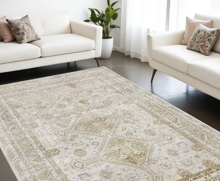 Gold And Ivory Floral Stain Resistant Area Rug Photo 1