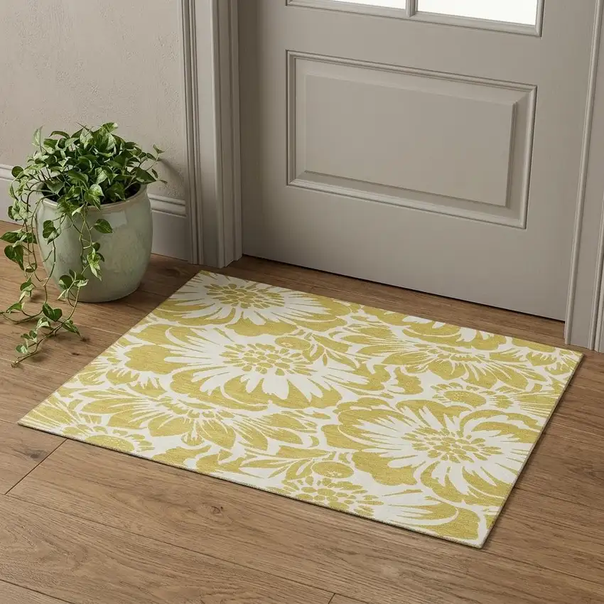 Gold And Ivory Floral Washable Area Rug With UV Protection Photo 1