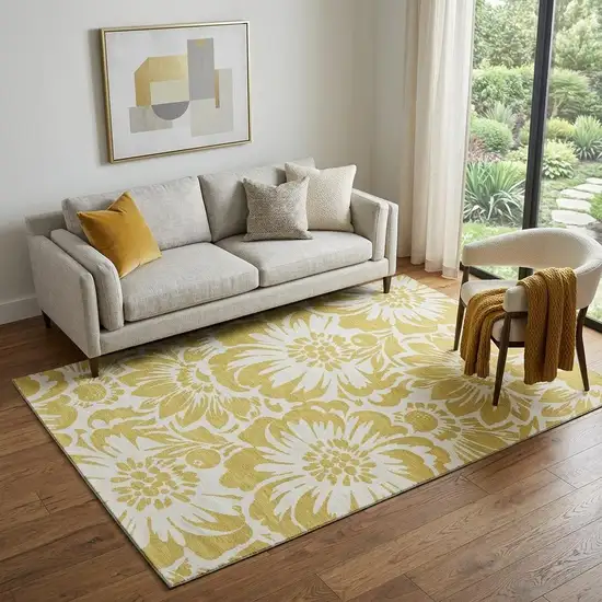 Gold And Ivory Floral Washable Area Rug With UV Protection Photo 1