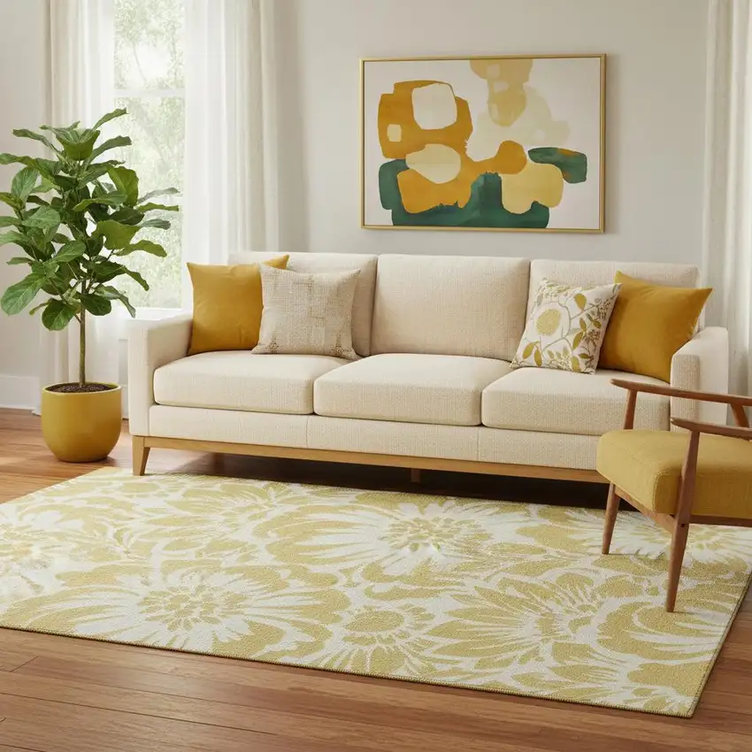 Gold And Ivory Floral Washable Area Rug With UV Protection Photo 1