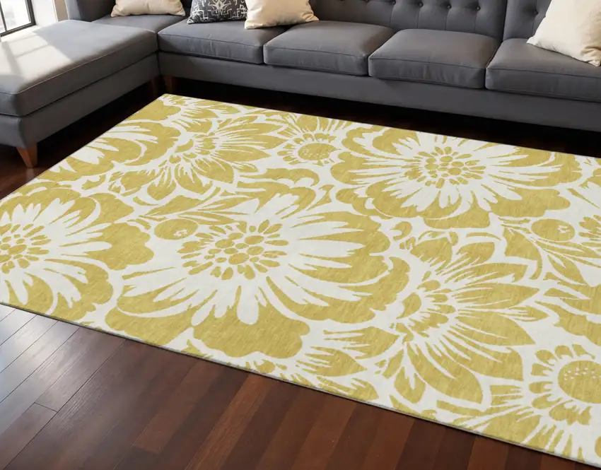 Gold And Ivory Floral Washable Area Rug With UV Protection Photo 2