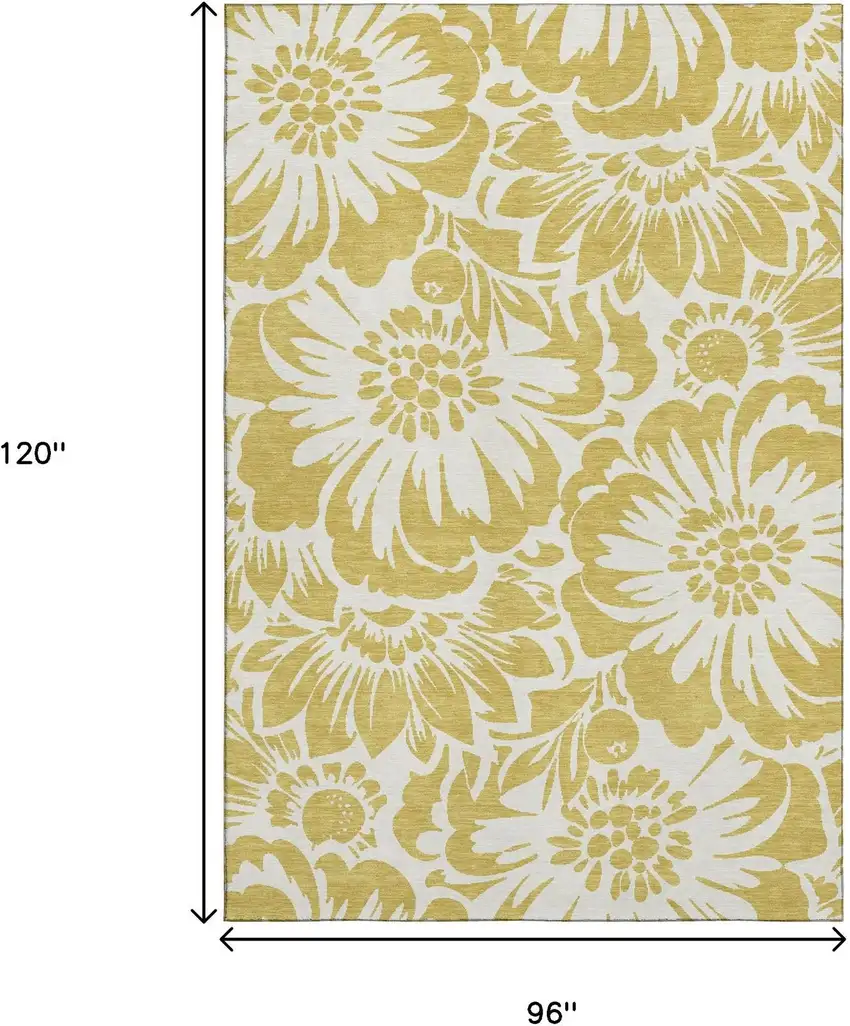 Gold And Ivory Floral Washable Area Rug With UV Protection Photo 3