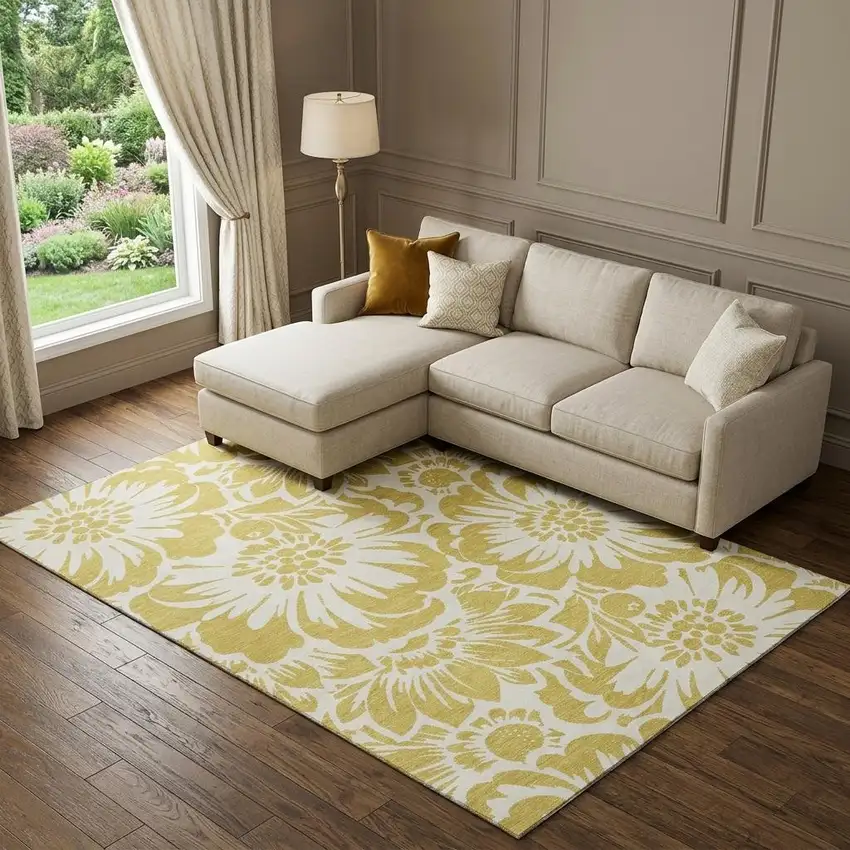 Gold And Ivory Floral Washable Area Rug With UV Protection Photo 1