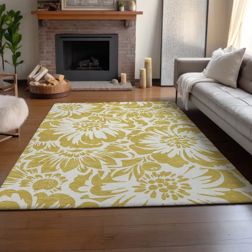 Gold And Ivory Floral Washable Area Rug With UV Protection Photo 7
