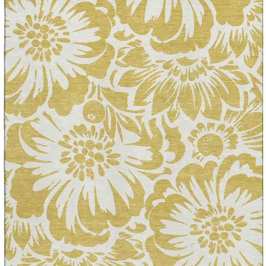 Gold And Ivory Floral Washable Area Rug With UV Protection Photo 8