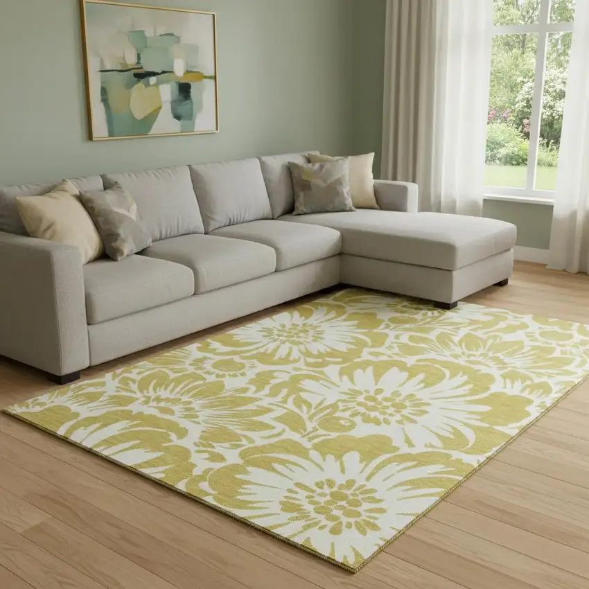 Gold And Ivory Floral Washable Area Rug With UV Protection Photo 1