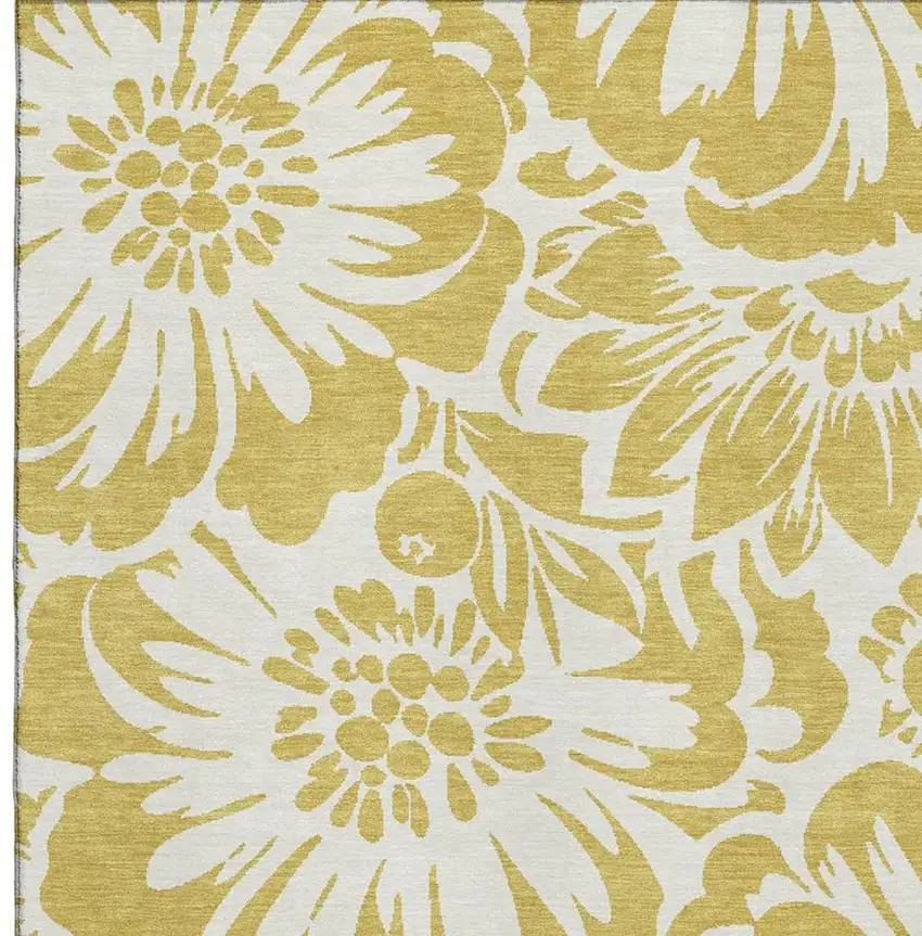 Gold And Ivory Floral Washable Area Rug With UV Protection Photo 7