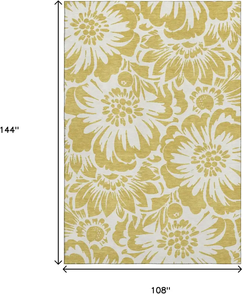 Gold And Ivory Floral Washable Area Rug With UV Protection Photo 3