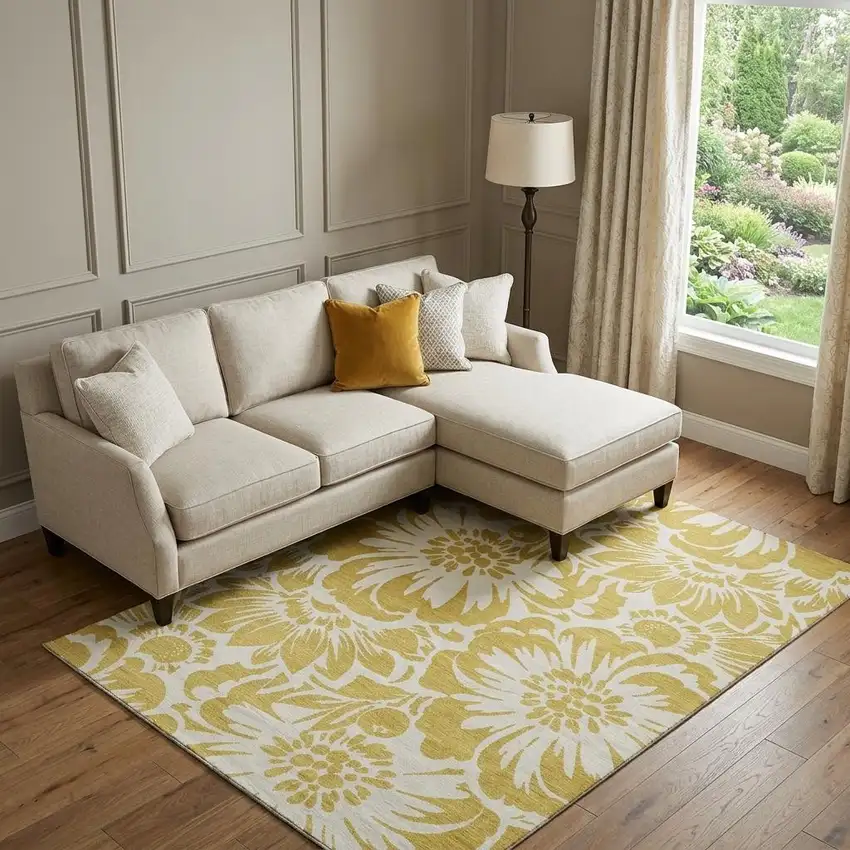 Gold And Ivory Floral Washable Area Rug With UV Protection Photo 1
