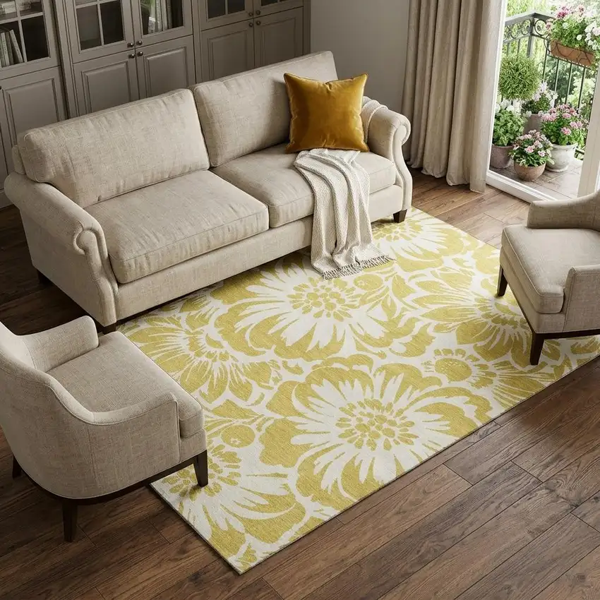 Gold And Ivory Floral Washable Area Rug With UV Protection Photo 1