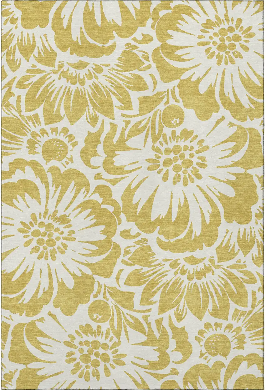 Gold And Ivory Floral Washable Area Rug With UV Protection Photo 4