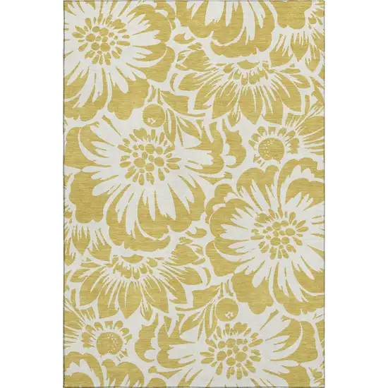 Gold And Ivory Floral Washable Area Rug With UV Protection Photo 1