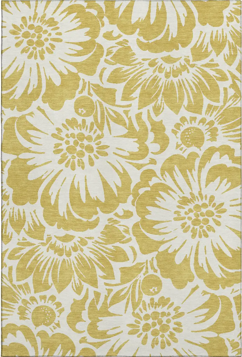 Gold And Ivory Floral Washable Area Rug With UV Protection Photo 1