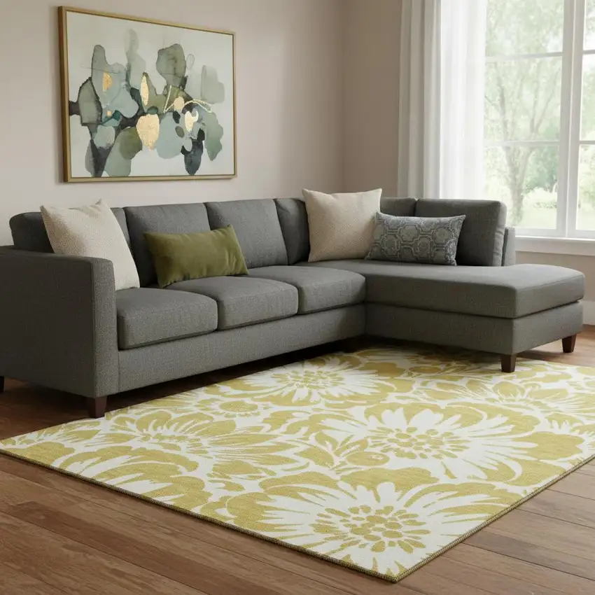 Gold And Ivory Floral Washable Area Rug With UV Protection Photo 1