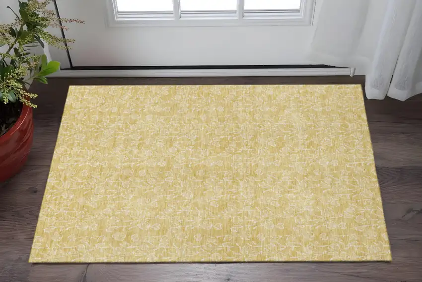 Gold And Ivory Floral Washable Area Rug With UV Protection Photo 2