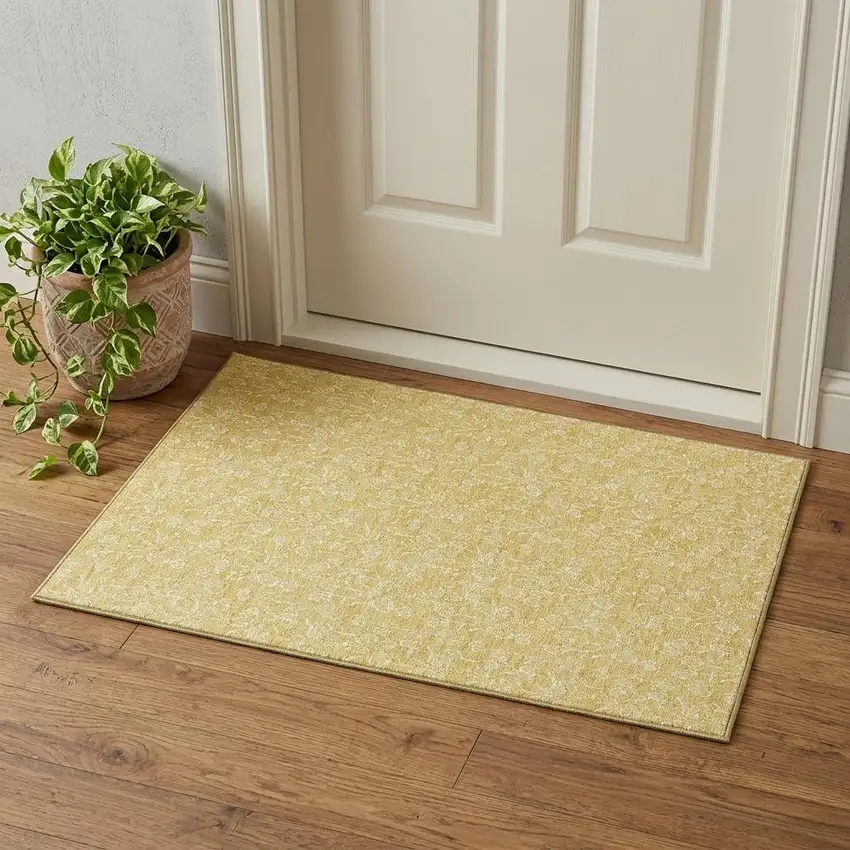 Gold And Ivory Floral Washable Area Rug With UV Protection Photo 1