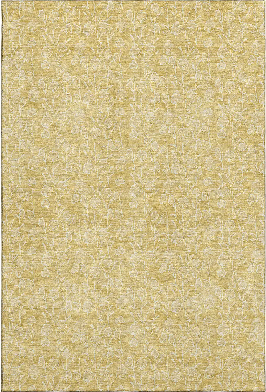 Gold And Ivory Floral Washable Area Rug With UV Protection Photo 1