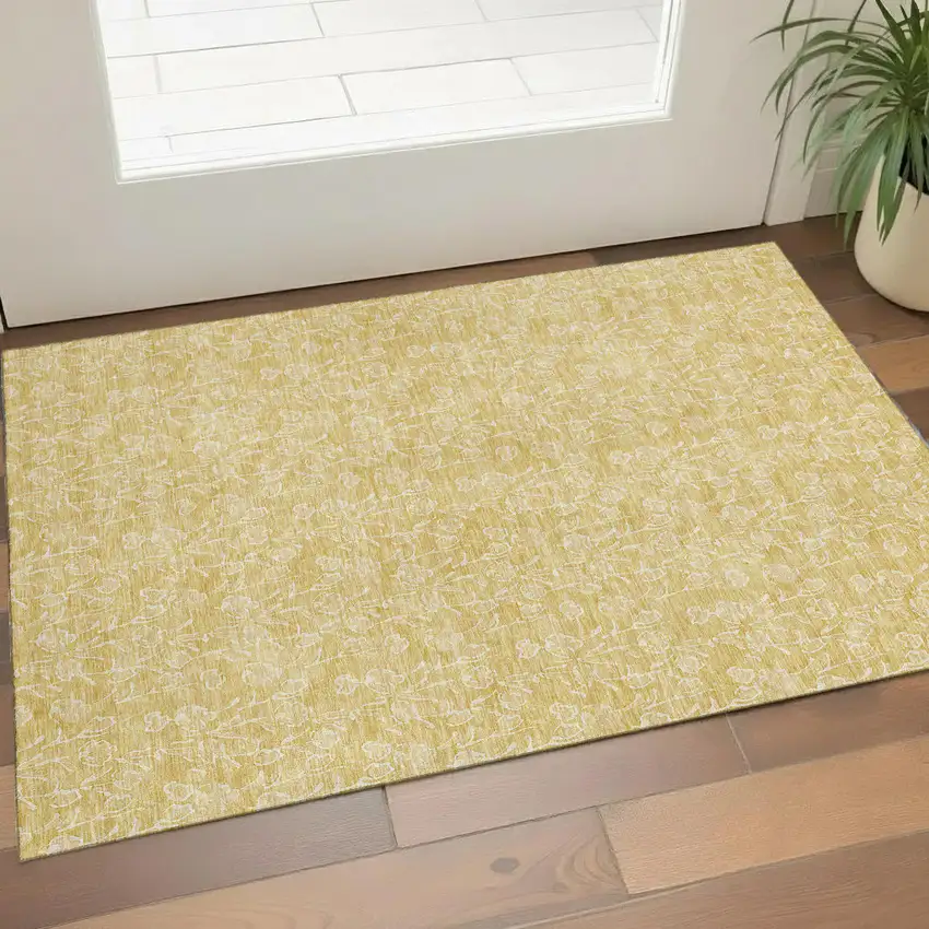 Gold And Ivory Floral Washable Area Rug With UV Protection Photo 1