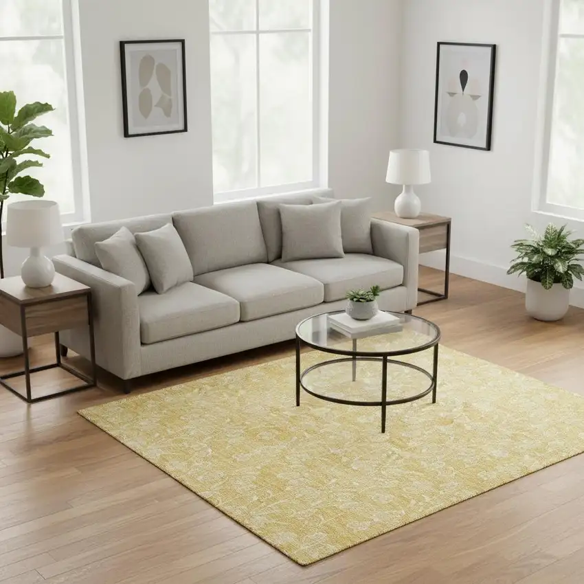 Gold And Ivory Floral Washable Area Rug With UV Protection Photo 1