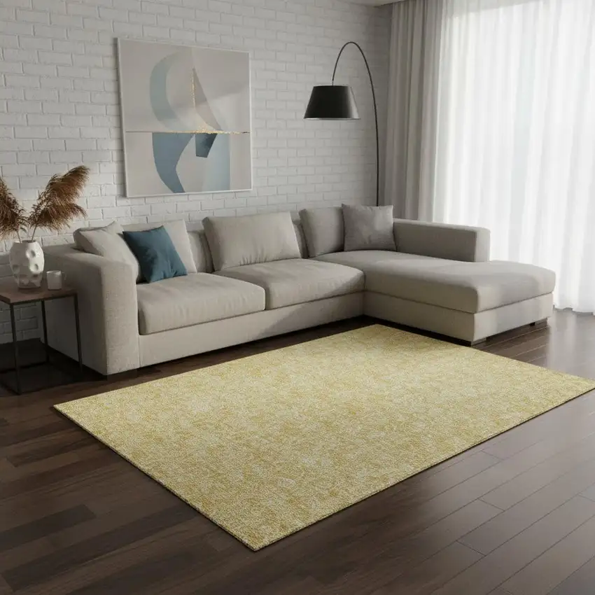 Gold And Ivory Floral Washable Area Rug With UV Protection Photo 1