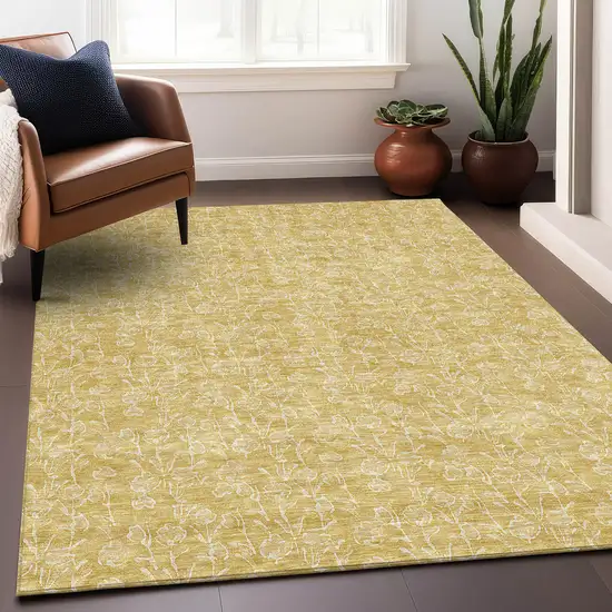 Gold And Ivory Floral Washable Area Rug With UV Protection Photo 4