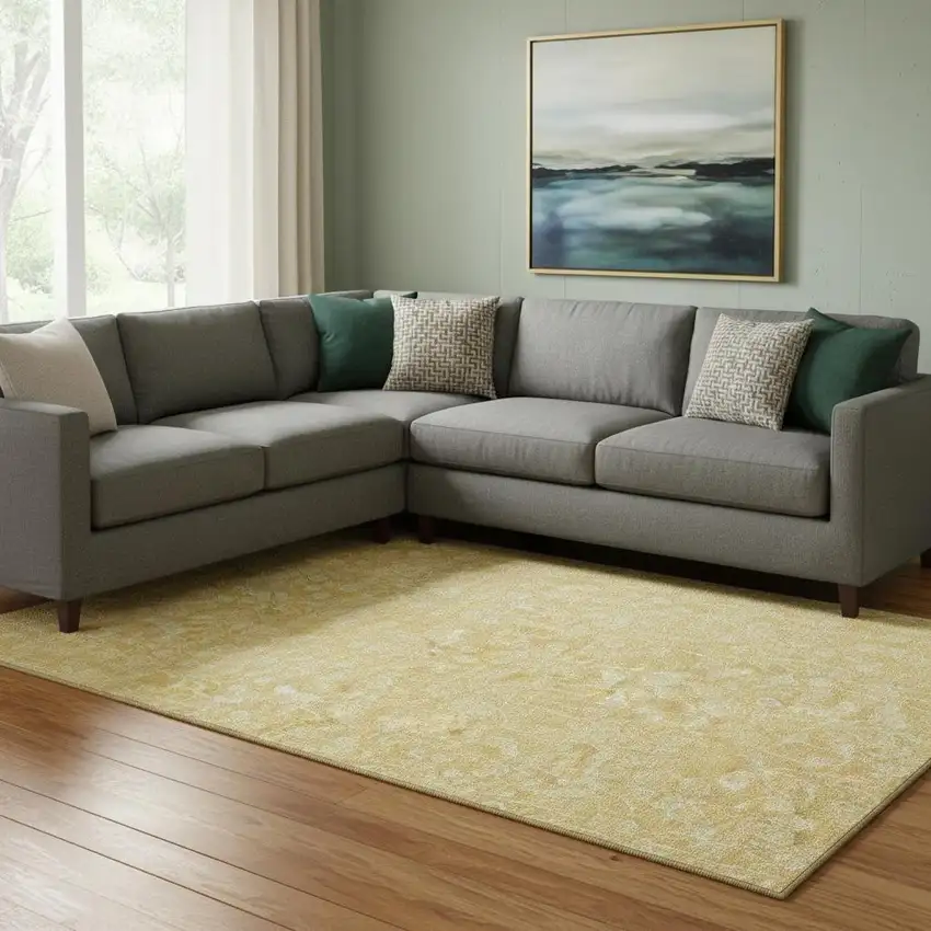 Gold And Ivory Floral Washable Area Rug With UV Protection Photo 1