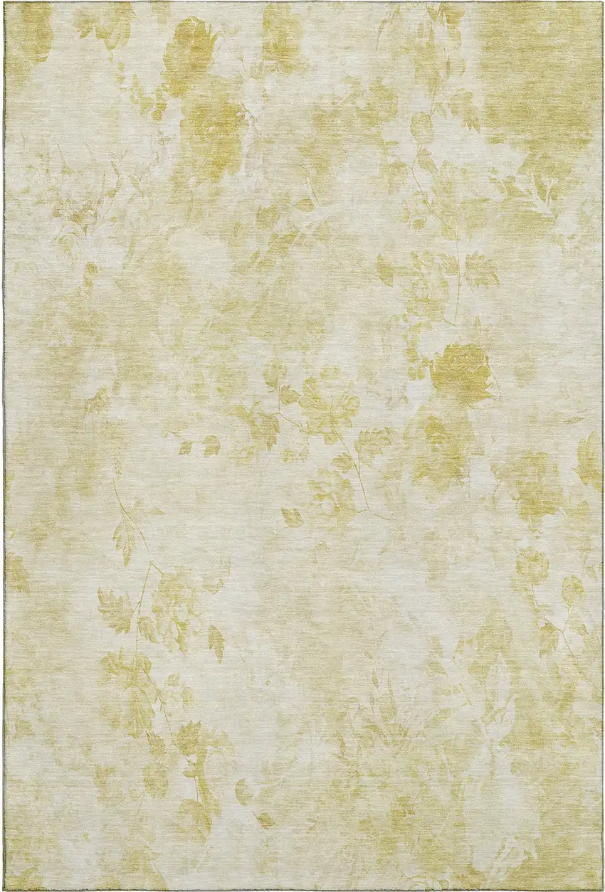 Gold And Ivory Floral Washable Area Rug With UV Protection Photo 1