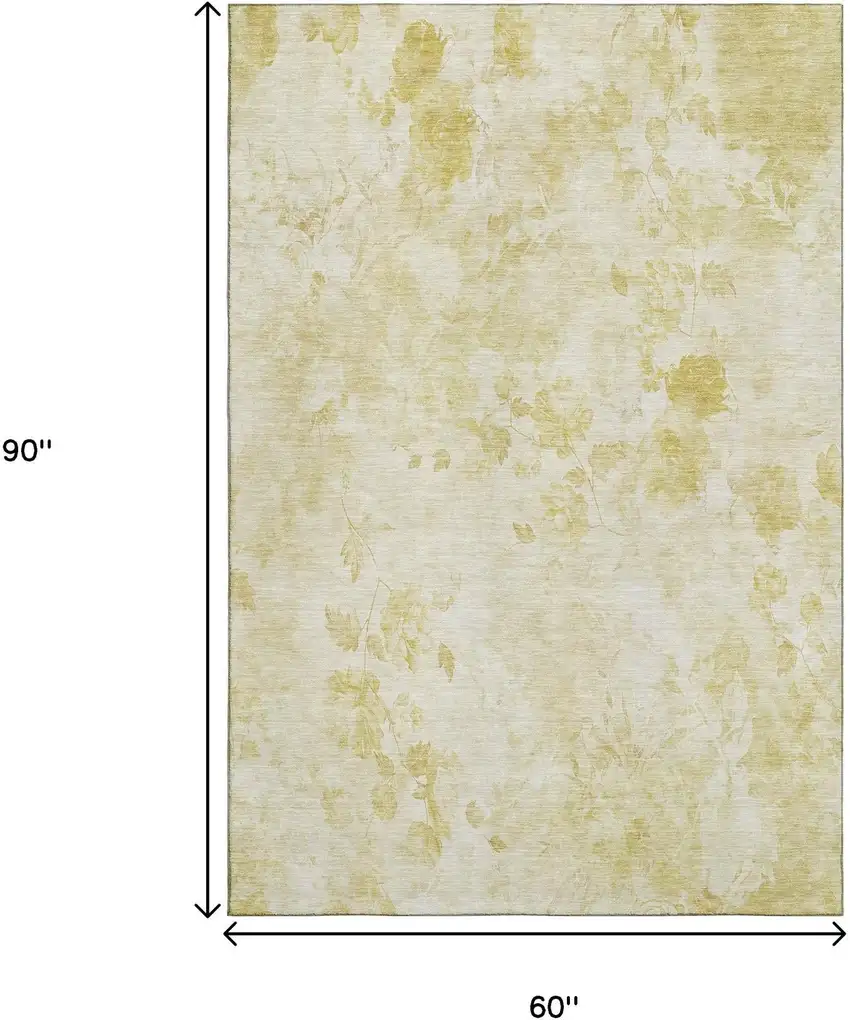 Gold And Ivory Floral Washable Area Rug With UV Protection Photo 3