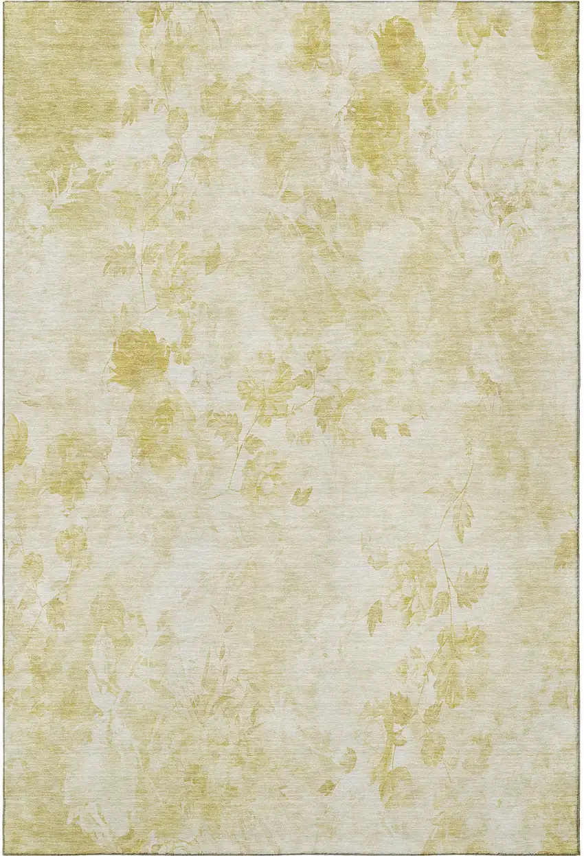 Gold And Ivory Floral Washable Area Rug With UV Protection Photo 3