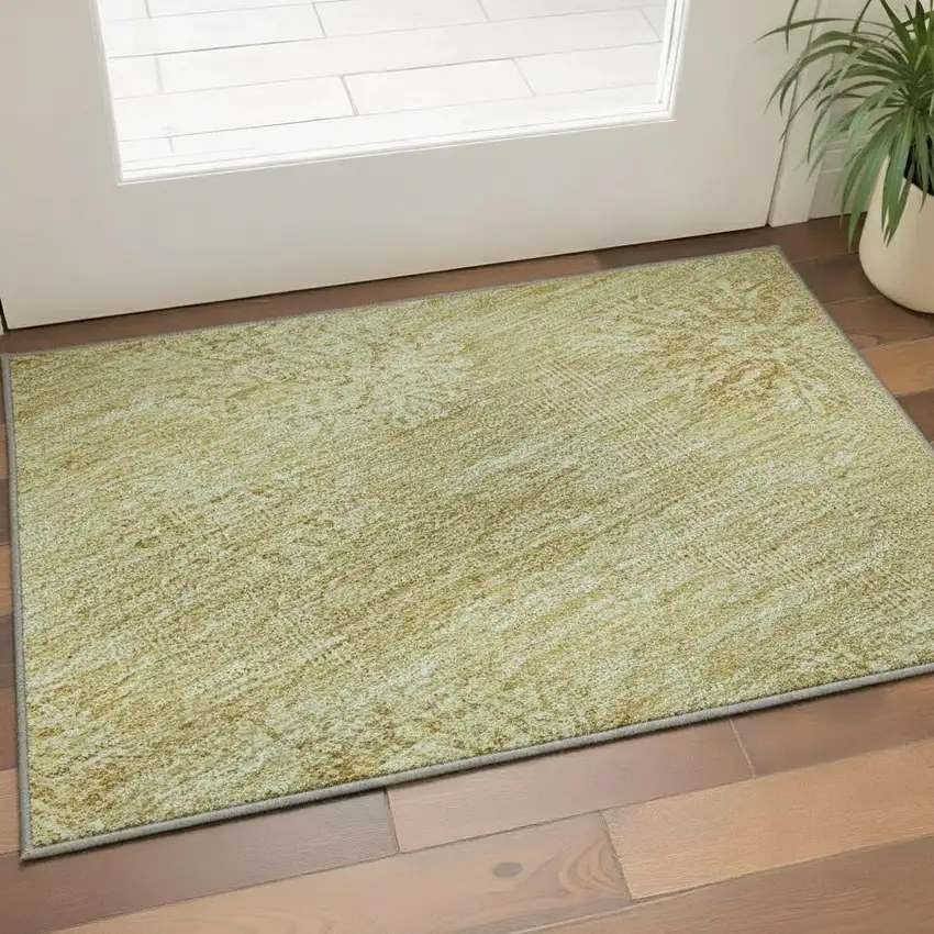 Gold And Ivory Floral Washable Area Rug With UV Protection Photo 2