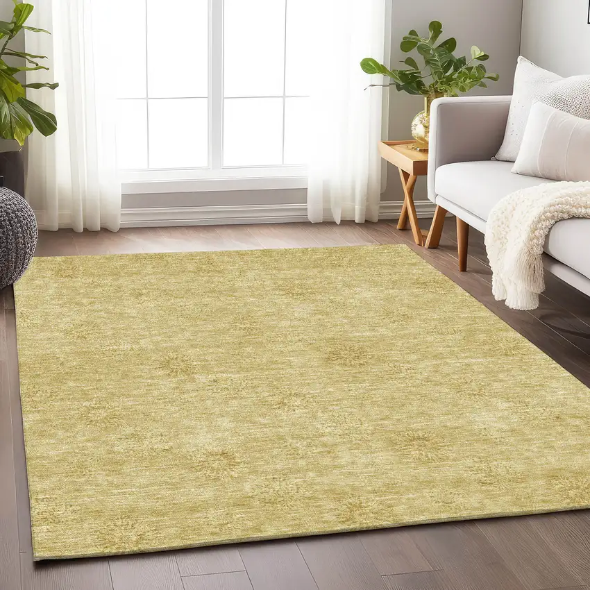 Gold And Ivory Floral Washable Area Rug With UV Protection Photo 6