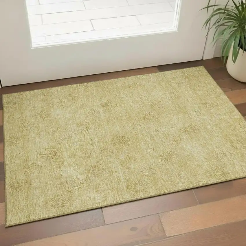 Gold And Ivory Floral Washable Area Rug With UV Protection Photo 1