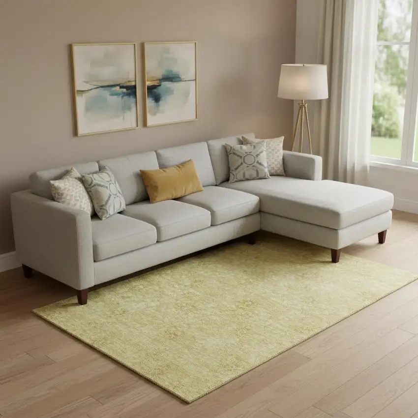 Gold And Ivory Floral Washable Area Rug With UV Protection Photo 2