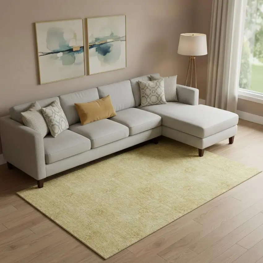 Gold And Ivory Floral Washable Area Rug With UV Protection Photo 1